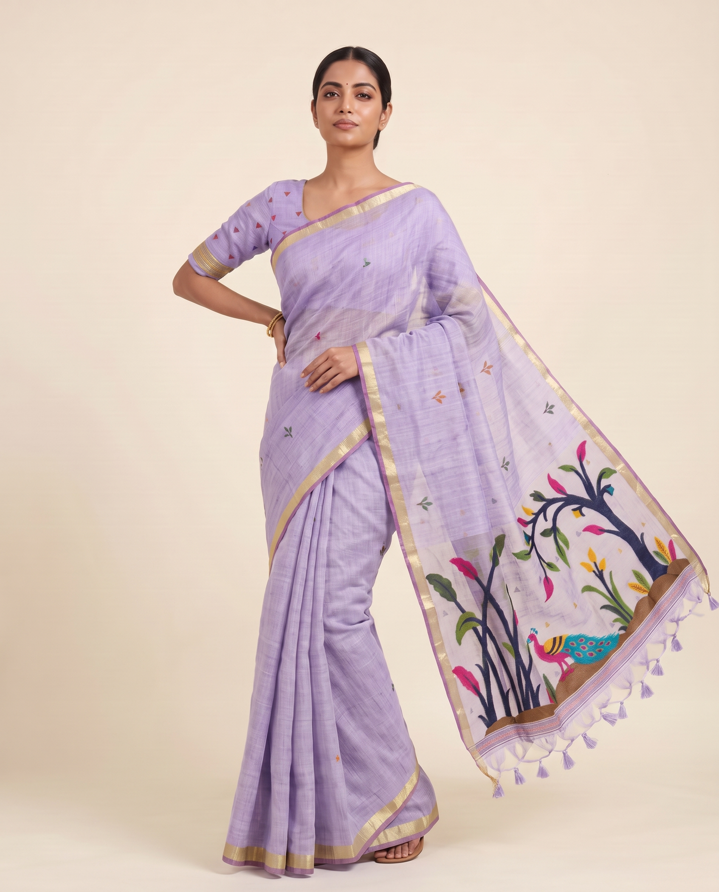 Moru Lavender Muga Cotton Jamdani Saree With Organza Pallu & Unstitched Blouse Piece