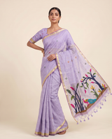 Moru Lavender Muga Cotton Jamdani Saree With Organza Pallu & Unstitched Blouse Piece