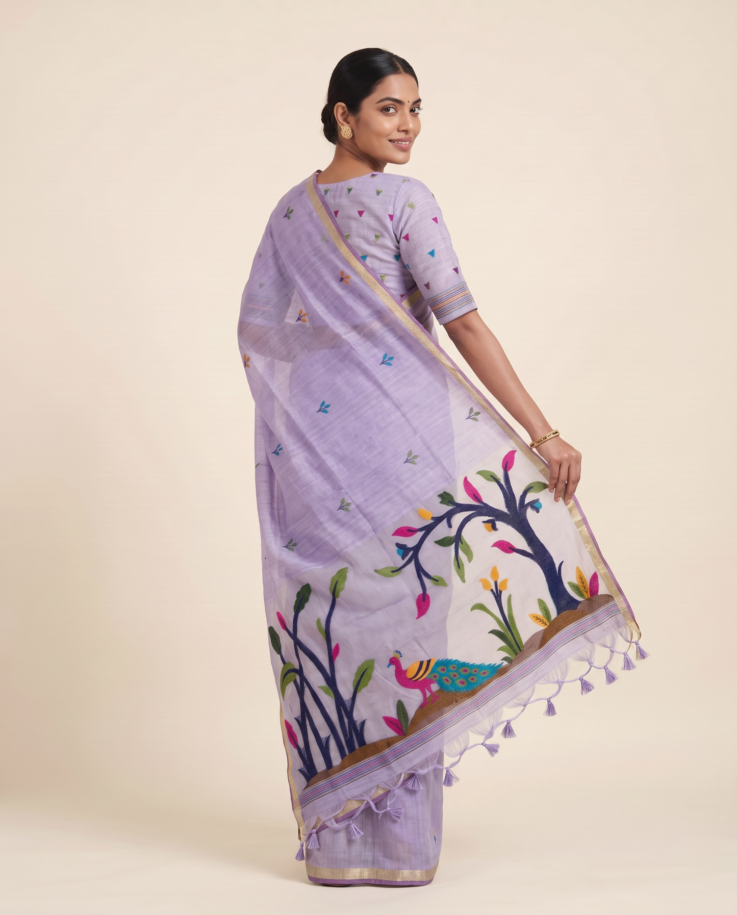 Moru Lavender Muga Cotton Jamdani Saree With Organza Pallu & Unstitched Blouse Piece