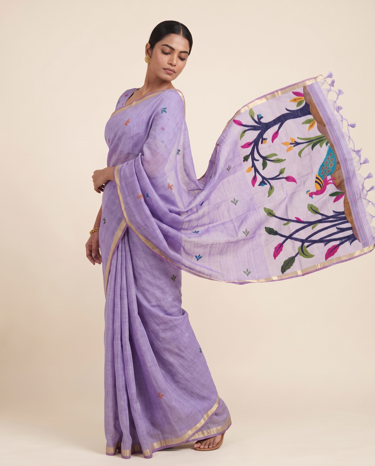 Moru Lavender Muga Cotton Jamdani Saree With Organza Pallu & Unstitched Blouse Piece
