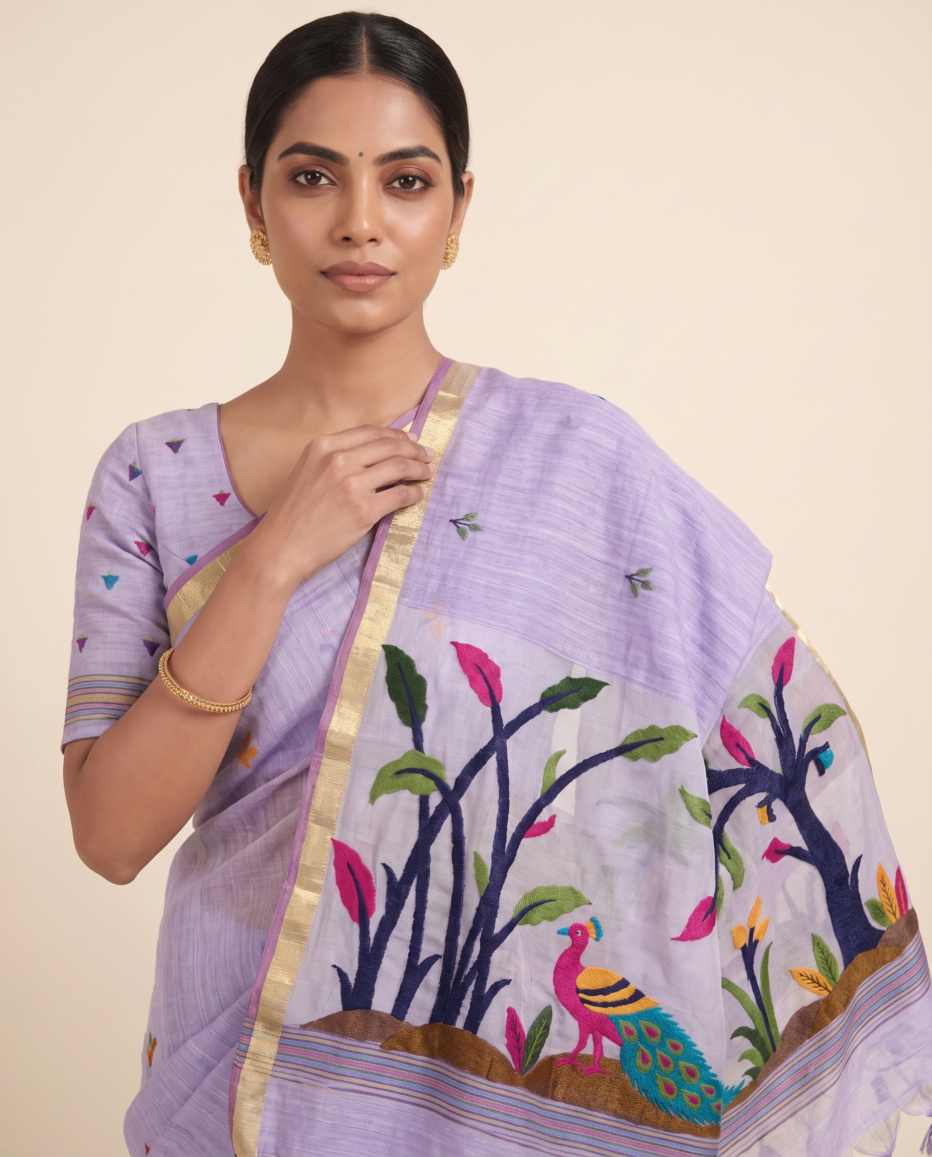Moru Lavender Muga Cotton Jamdani Saree With Organza Pallu & Unstitched Blouse Piece