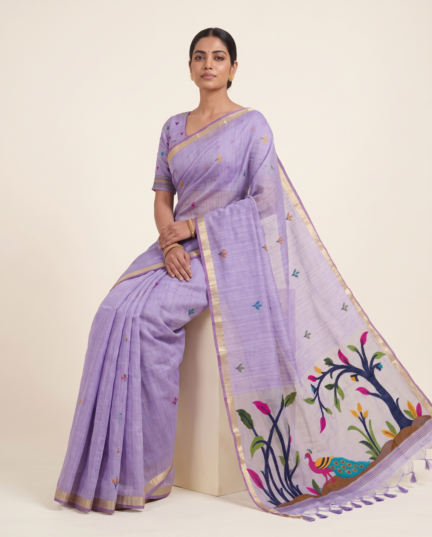Moru Lavender Muga Cotton Jamdani Saree With Organza Pallu & Unstitched Blouse Piece