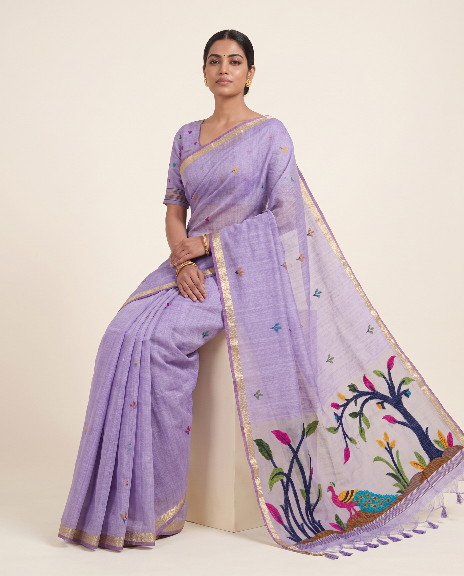 Moru Lavender Muga Cotton Jamdani Saree With Organza Pallu & Unstitched Blouse Piece