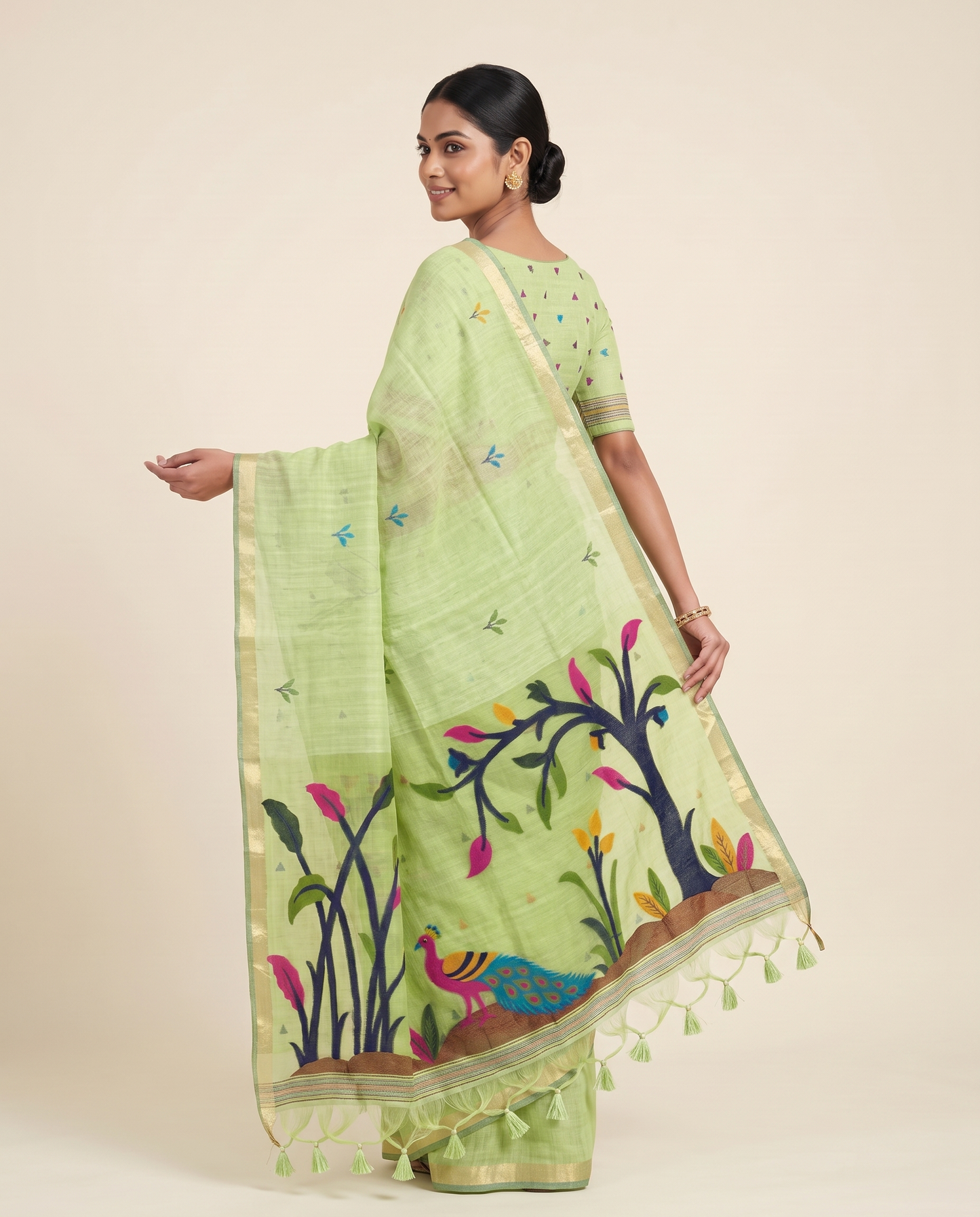 Moru Green Muga Cotton Jamdani Saree With Organza Pallu & Unstitched Blouse Piece