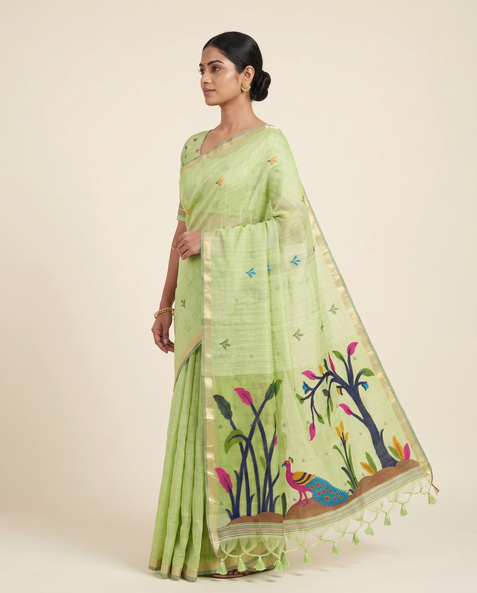 Moru Green Muga Cotton Jamdani Saree With Organza Pallu & Unstitched Blouse Piece