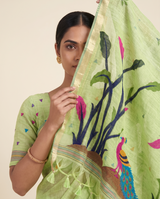 Moru Green Muga Cotton Jamdani Saree With Organza Pallu & Unstitched Blouse Piece