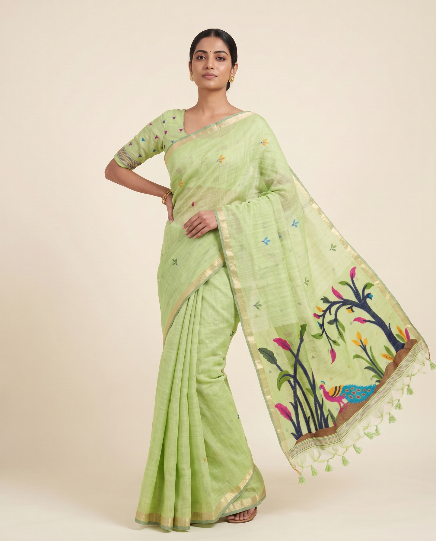 Moru Green Muga Cotton Jamdani Saree With Organza Pallu & Unstitched Blouse Piece