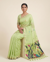 Moru Green Muga Cotton Jamdani Saree With Organza Pallu & Unstitched Blouse Piece