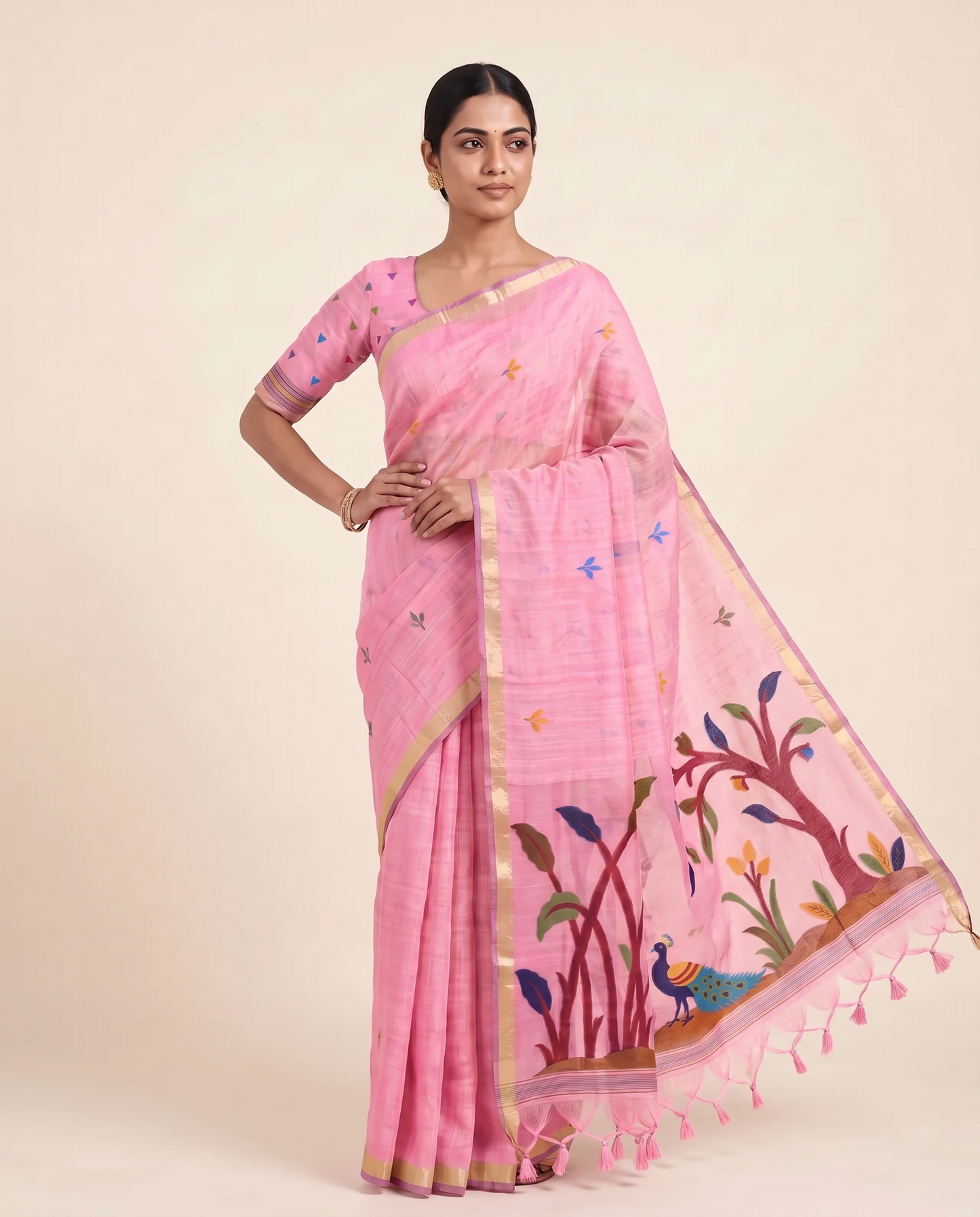 Moru Pink Muga Cotton Jamdani Saree With Organza Pallu & Unstitched Blouse Piece