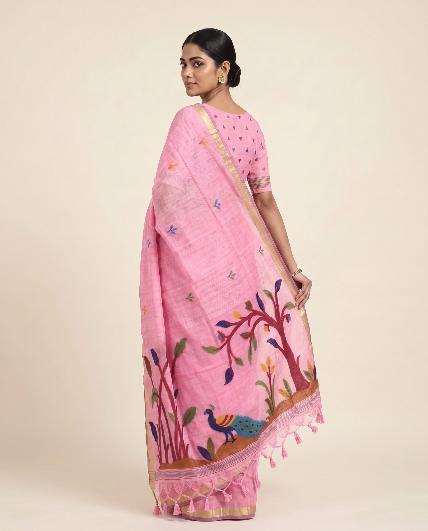 Moru Pink Muga Cotton Jamdani Saree With Organza Pallu & Unstitched Blouse Piece