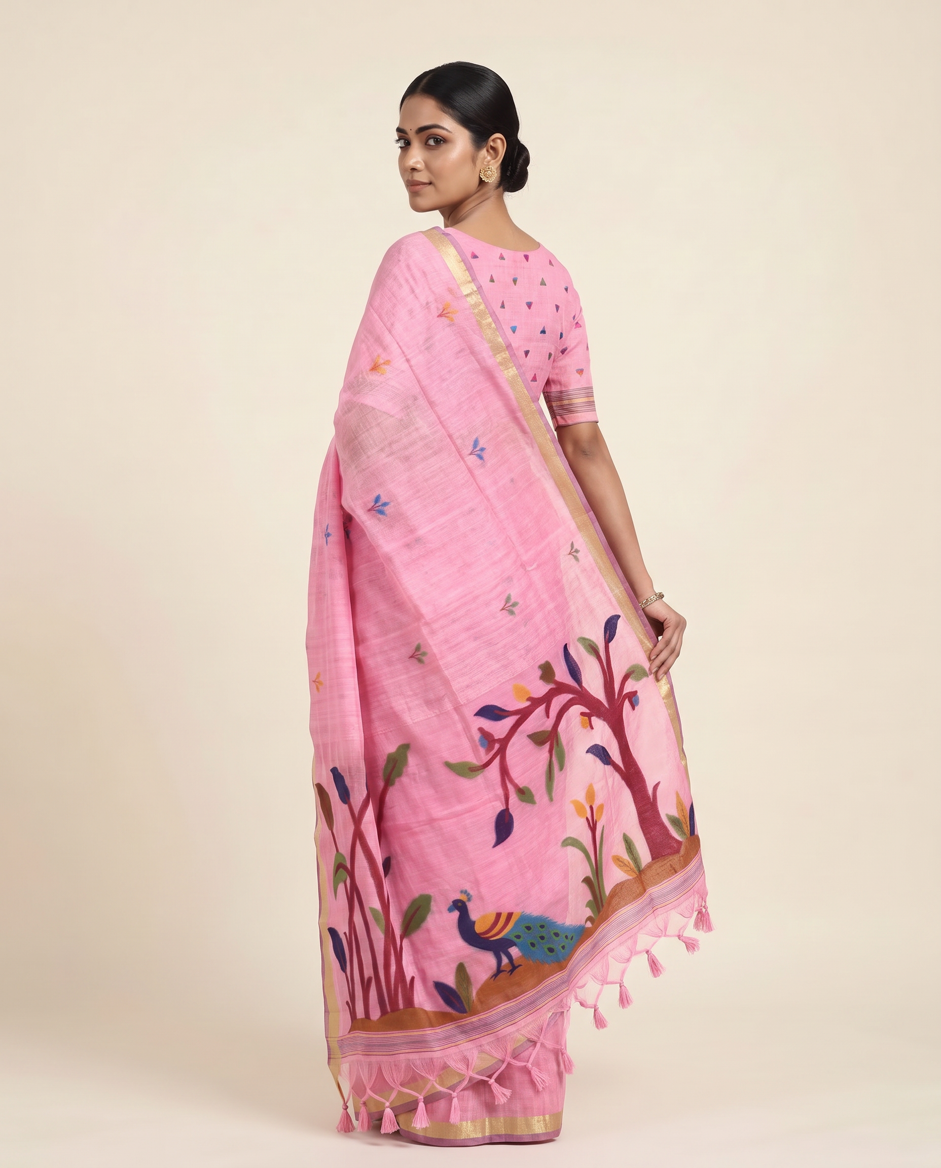 Moru Pink Muga Cotton Jamdani Saree With Organza Pallu & Unstitched Blouse Piece