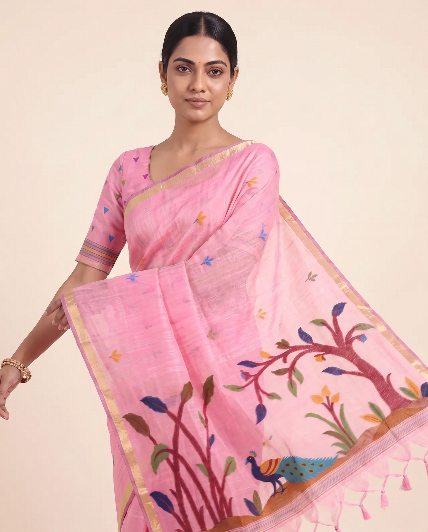 Moru Pink Muga Cotton Jamdani Saree With Organza Pallu & Unstitched Blouse Piece