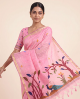Moru Pink Muga Cotton Jamdani Saree With Organza Pallu & Unstitched Blouse Piece