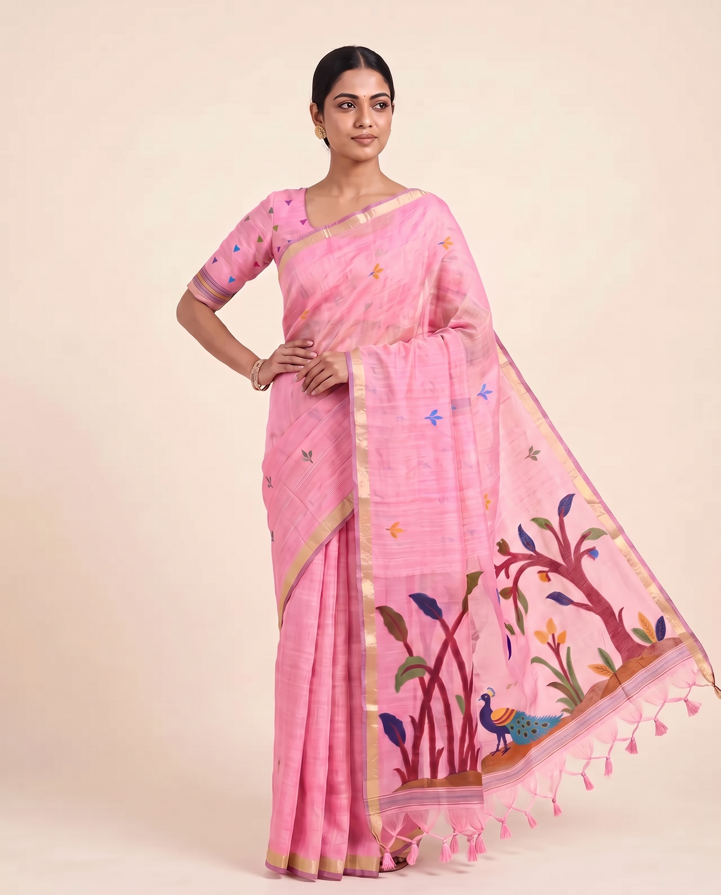 Moru Pink Muga Cotton Jamdani Saree With Organza Pallu & Unstitched Blouse Piece
