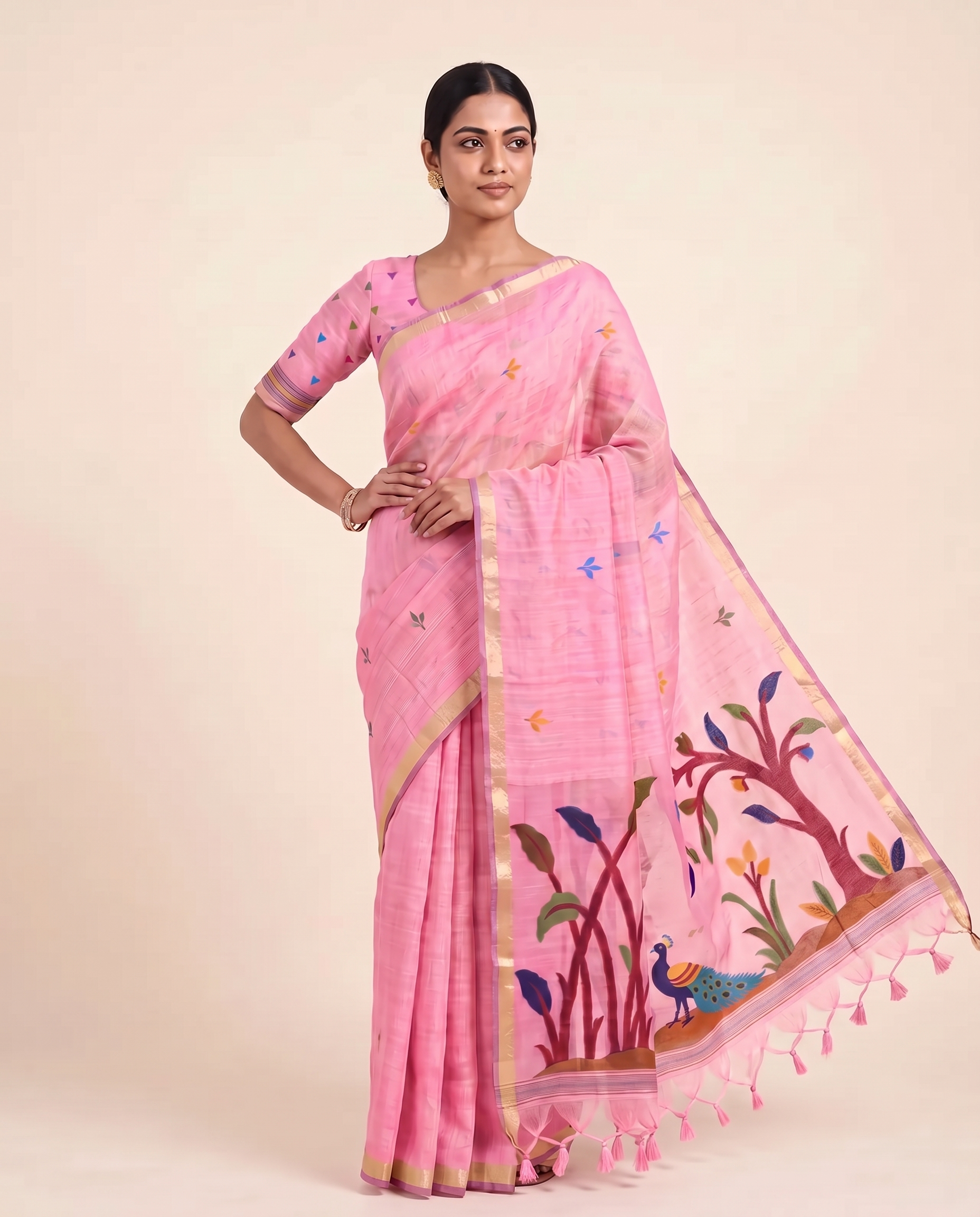Moru Pink Muga Cotton Jamdani Saree With Organza Pallu & Unstitched Blouse Piece