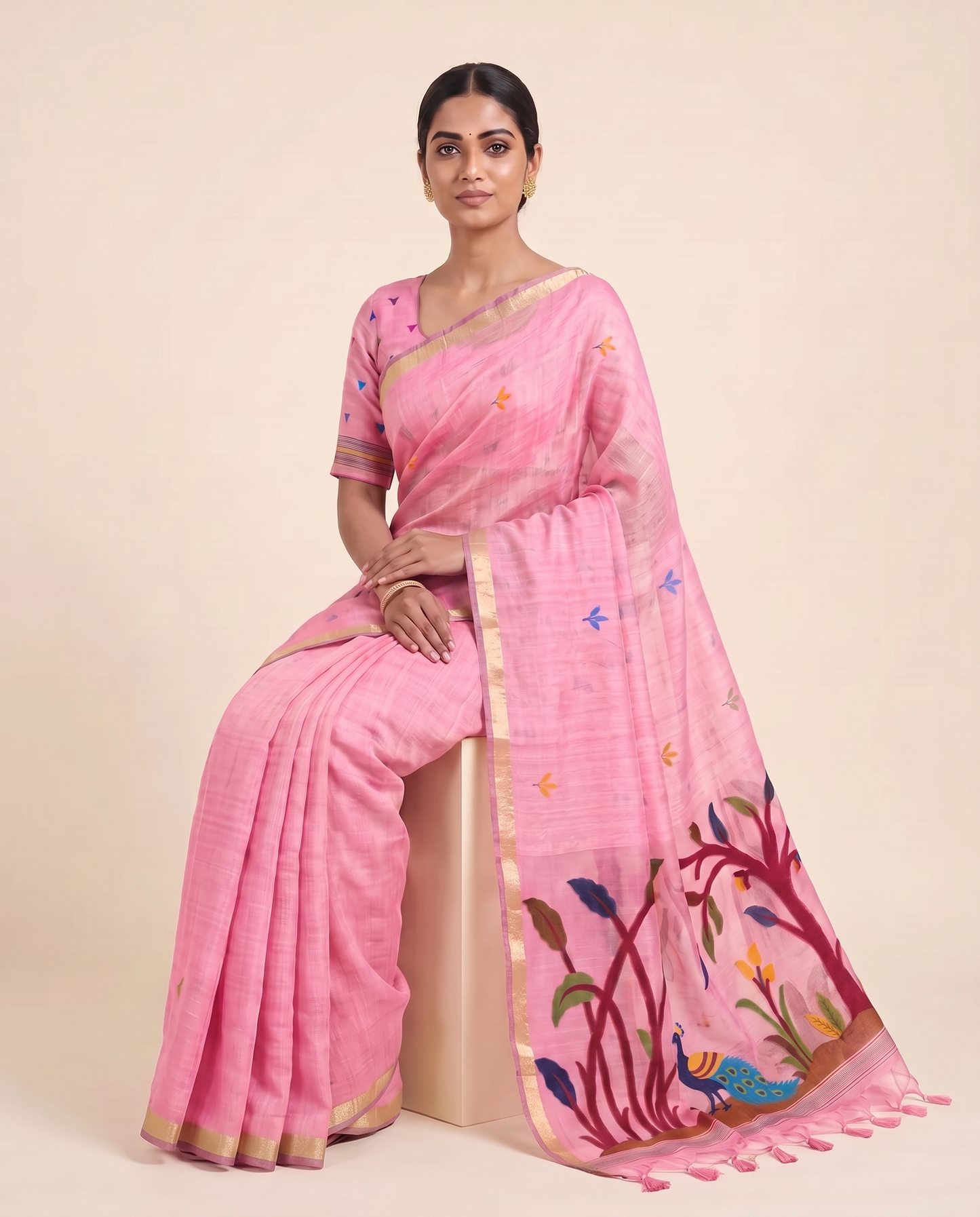 Moru Pink Muga Cotton Jamdani Saree With Organza Pallu & Unstitched Blouse Piece