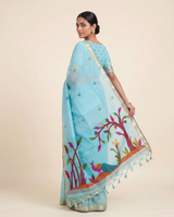 Moru Blue Muga Cotton Jamdani Saree With Organza Pallu & Unstitched Blouse Piece