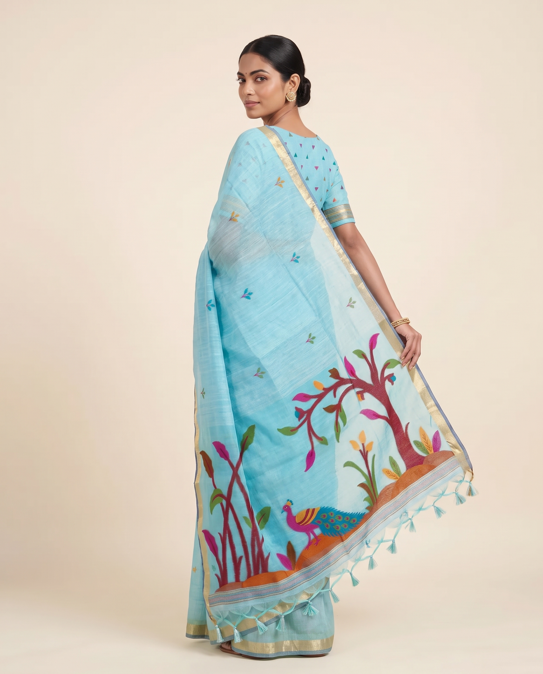 Moru Blue Muga Cotton Jamdani Saree With Organza Pallu & Unstitched Blouse Piece
