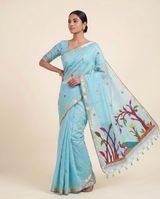 Moru Blue Muga Cotton Jamdani Saree With Organza Pallu & Unstitched Blouse Piece