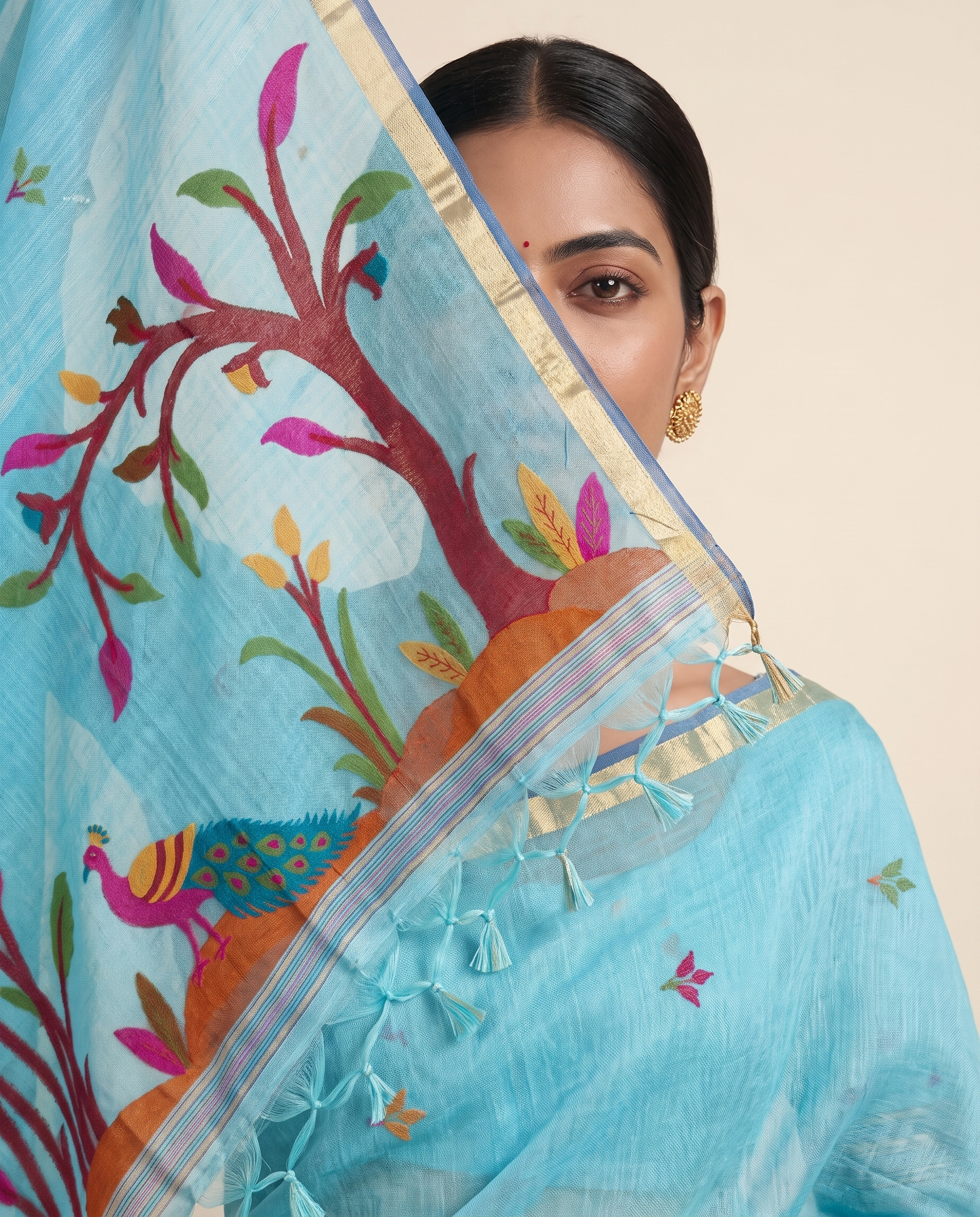 Moru Blue Muga Cotton Jamdani Saree With Organza Pallu & Unstitched Blouse Piece