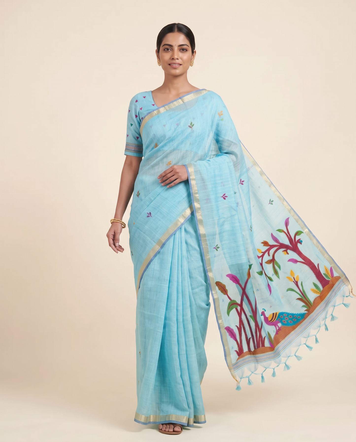 Moru Blue Muga Cotton Jamdani Saree With Organza Pallu & Unstitched Blouse Piece