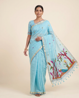 Moru Blue Muga Cotton Jamdani Saree With Organza Pallu & Unstitched Blouse Piece