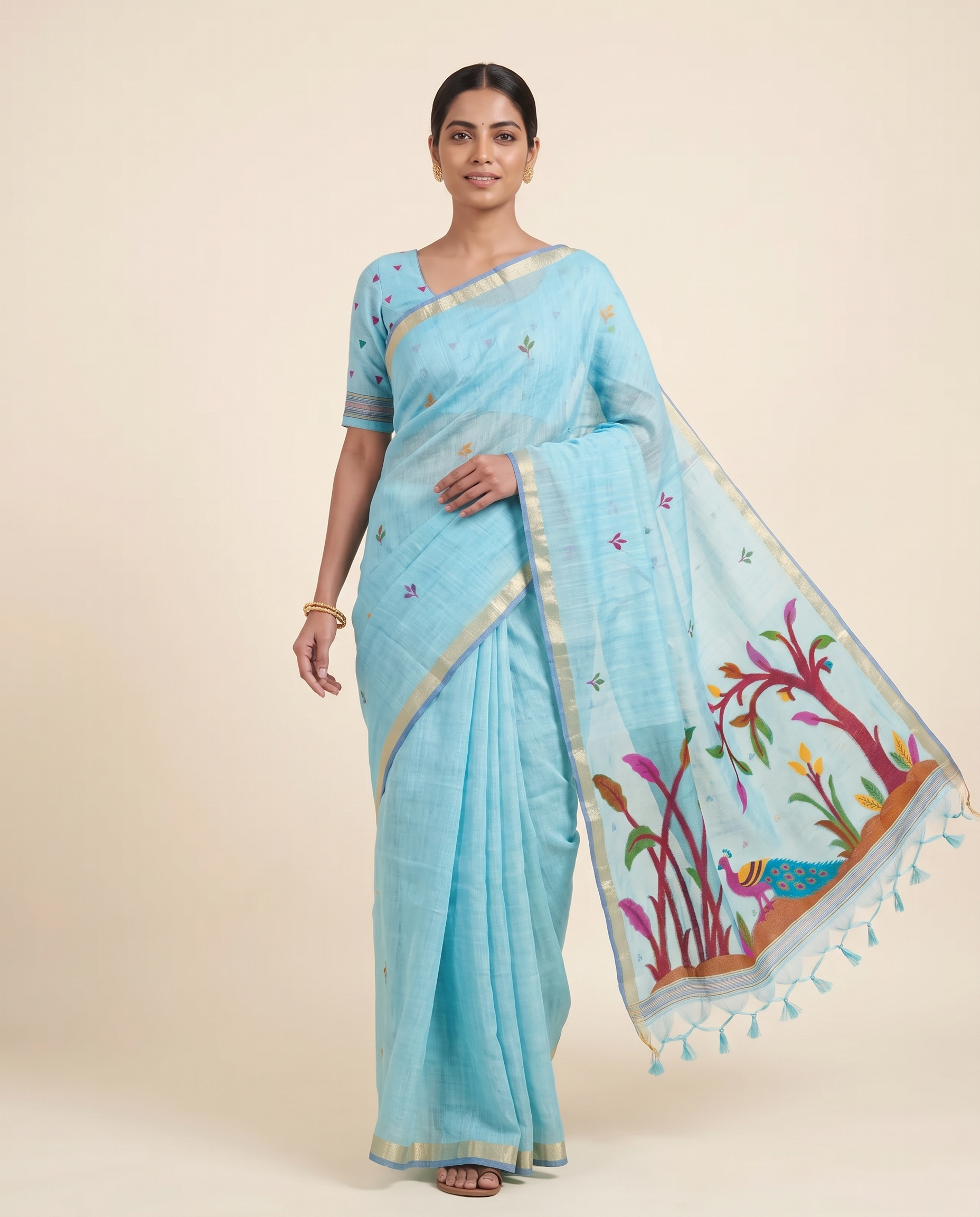 Moru Blue Muga Cotton Jamdani Saree With Organza Pallu & Unstitched Blouse Piece
