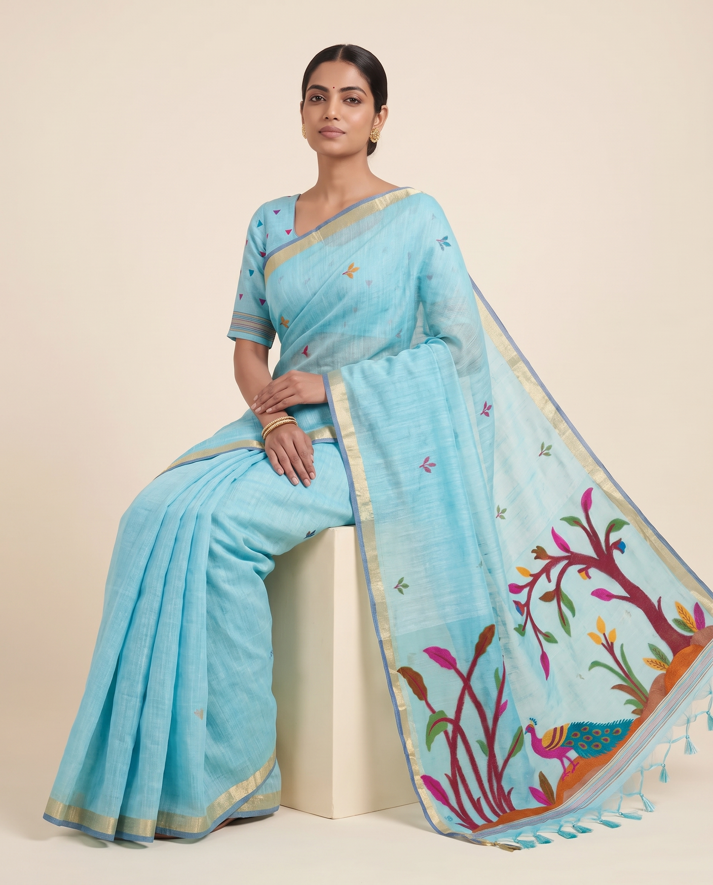 Moru Blue Muga Cotton Jamdani Saree With Organza Pallu & Unstitched Blouse Piece