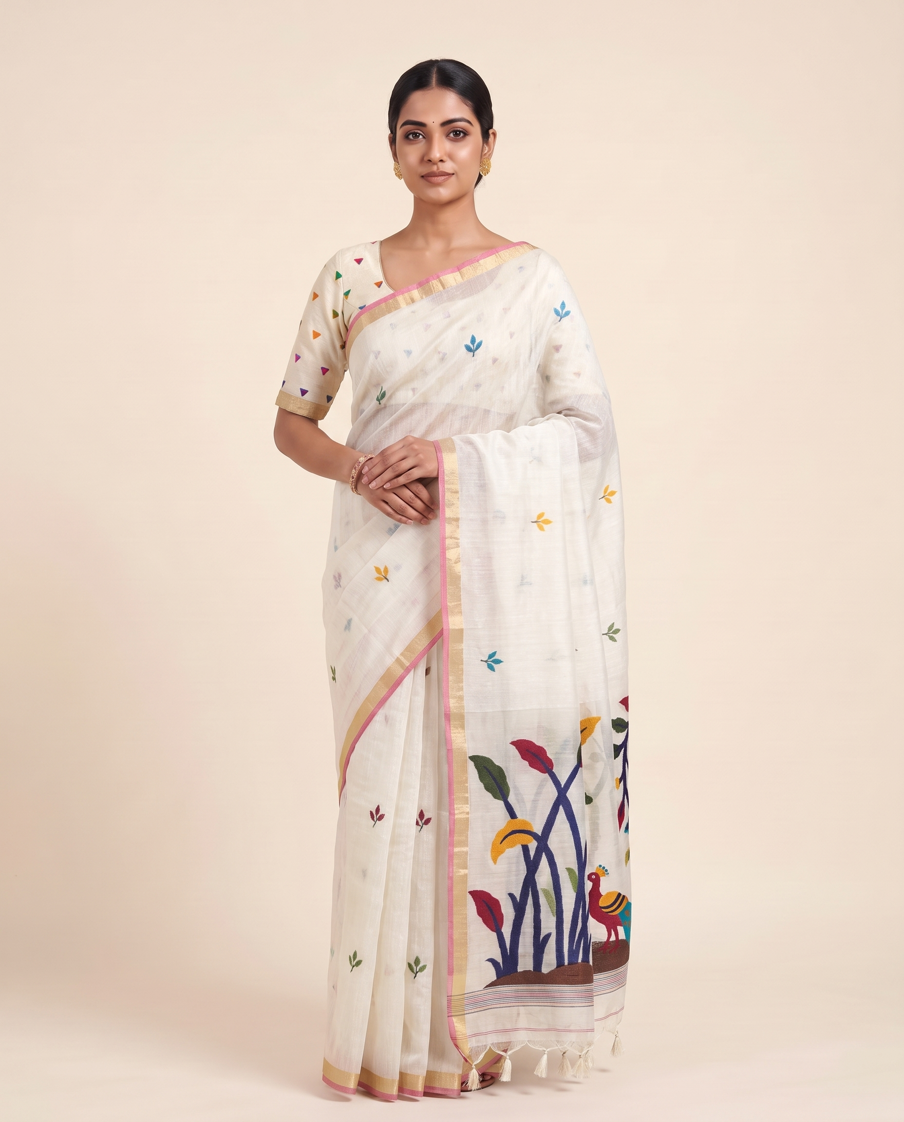 Moru White Muga Cotton Jamdani Saree With Organza Pallu & Unstitched Blouse Piece