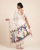 Moru White Muga Cotton Jamdani Saree With Organza Pallu & Unstitched Blouse Piece