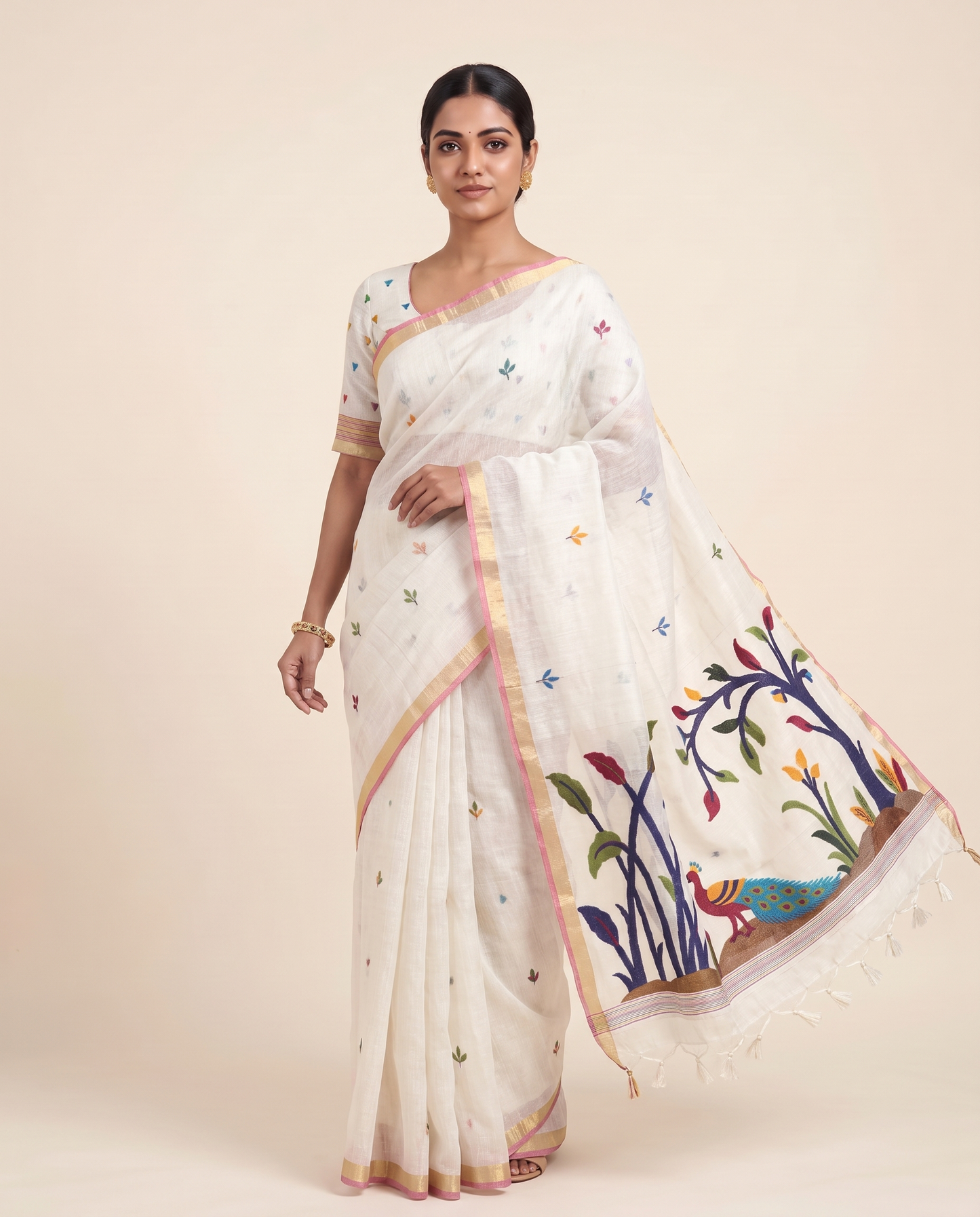 Moru White Muga Cotton Jamdani Saree With Organza Pallu & Unstitched Blouse Piece