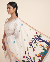 Moru White Muga Cotton Jamdani Saree With Organza Pallu & Unstitched Blouse Piece