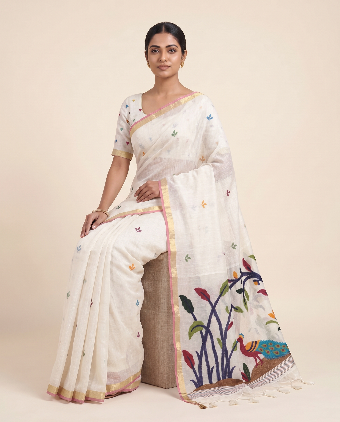 Moru White Muga Cotton Jamdani Saree With Organza Pallu & Unstitched Blouse Piece