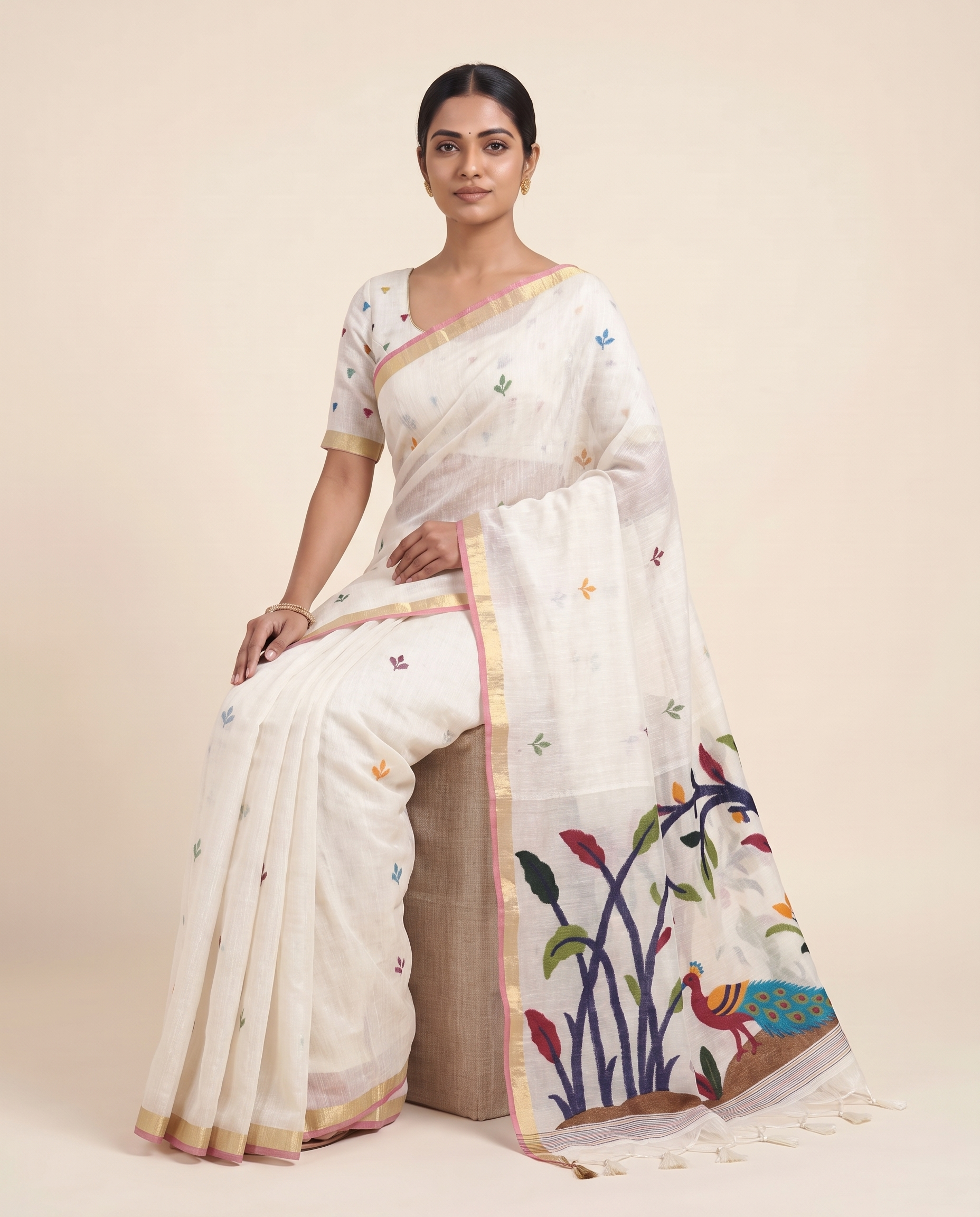 Moru White Muga Cotton Jamdani Saree With Organza Pallu & Unstitched Blouse Piece