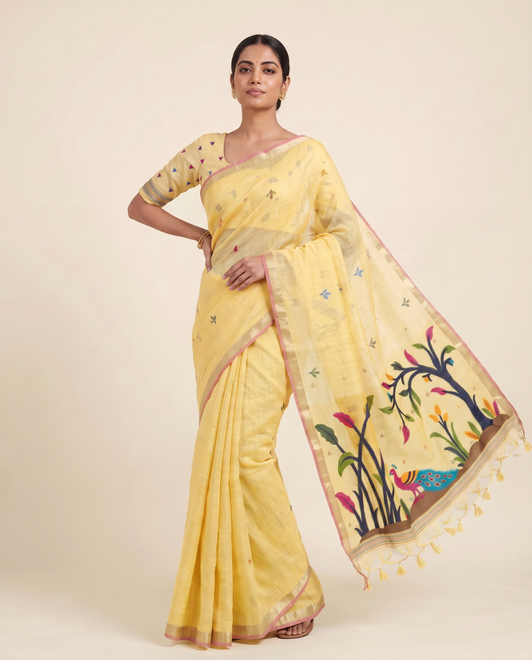 Moru Yellow Muga Cotton Jamdani Saree With Organza Pallu & Unstitched Blouse Piece