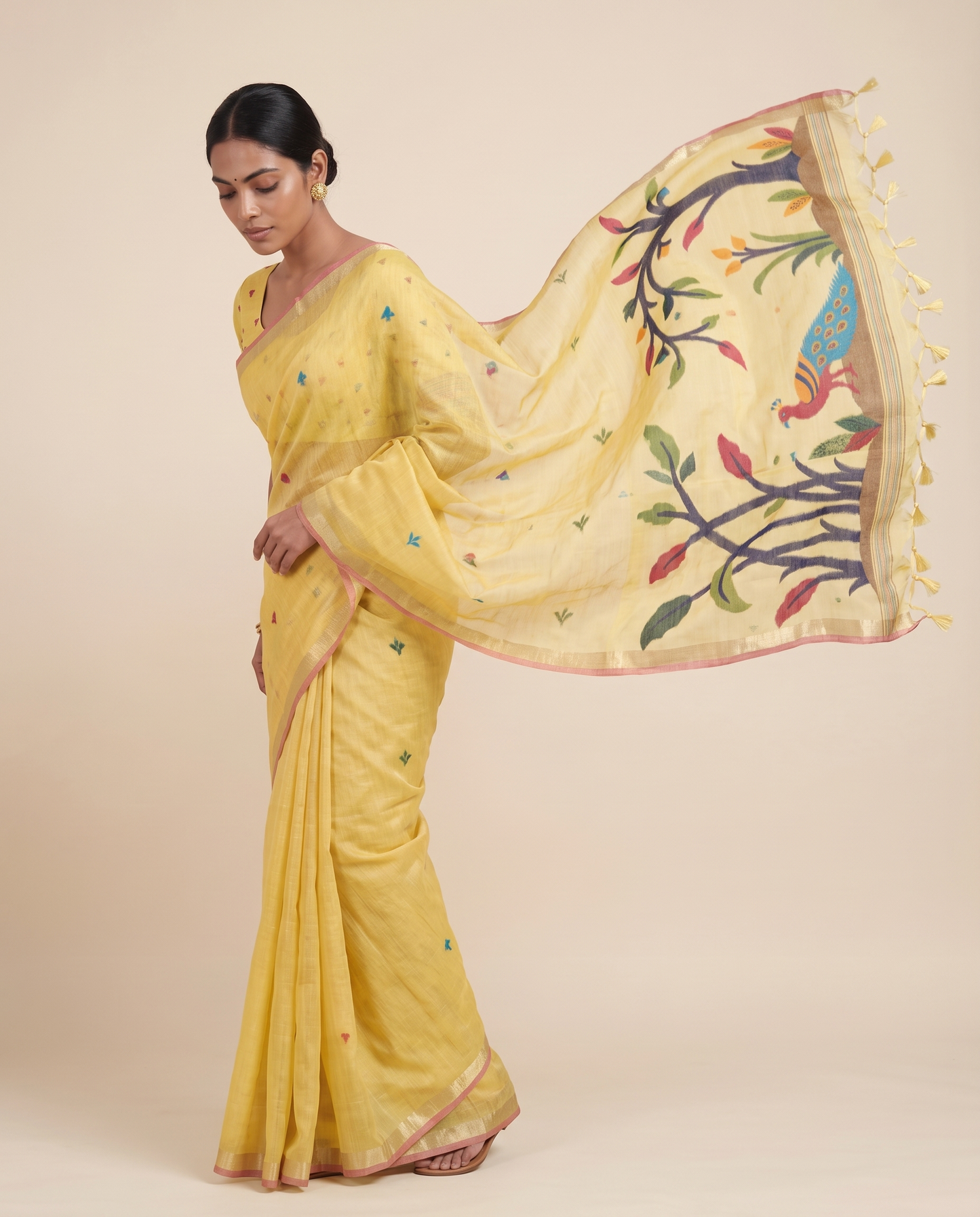 Moru Yellow Muga Cotton Jamdani Saree With Organza Pallu & Unstitched Blouse Piece