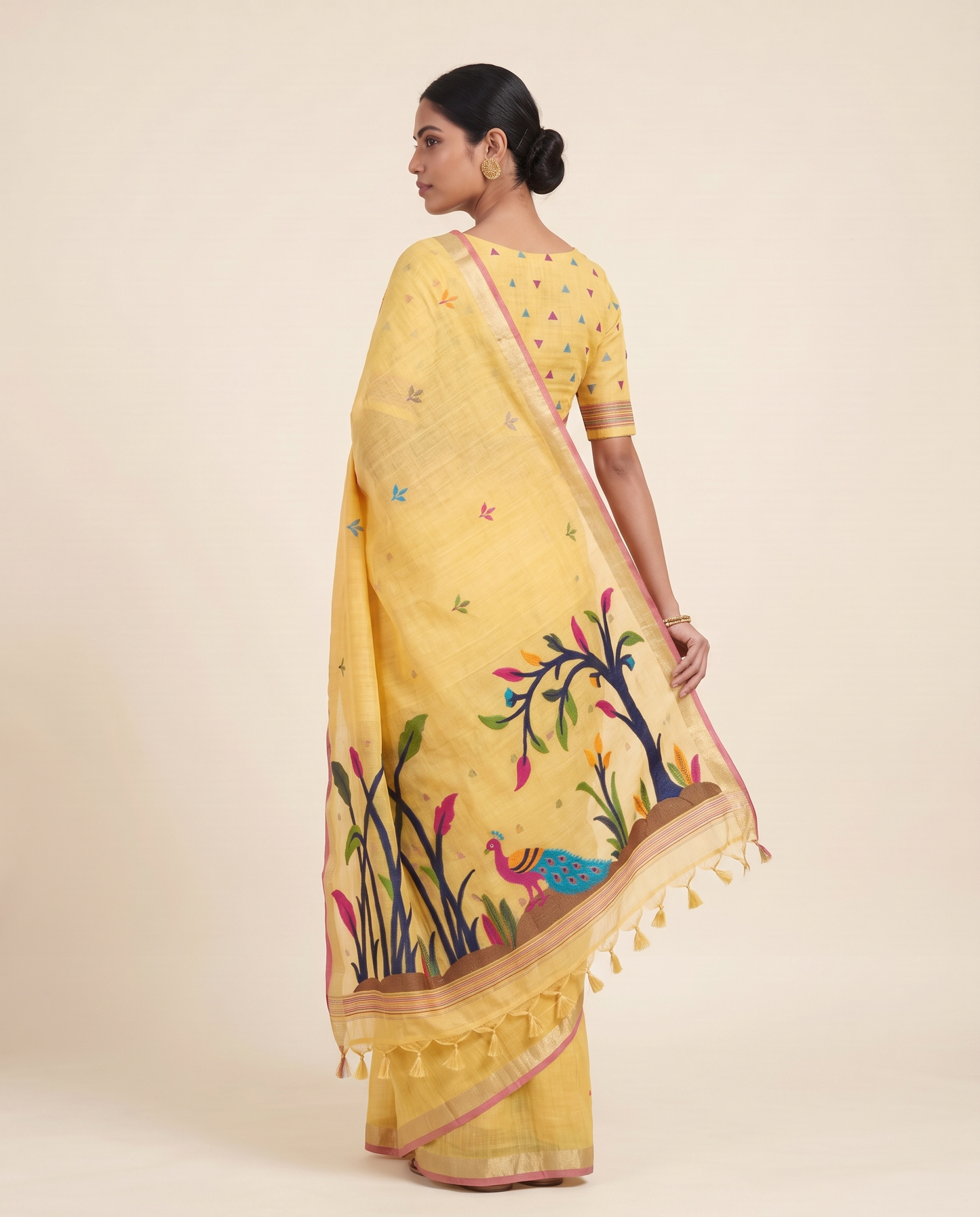 Moru Yellow Muga Cotton Jamdani Saree With Organza Pallu & Unstitched Blouse Piece