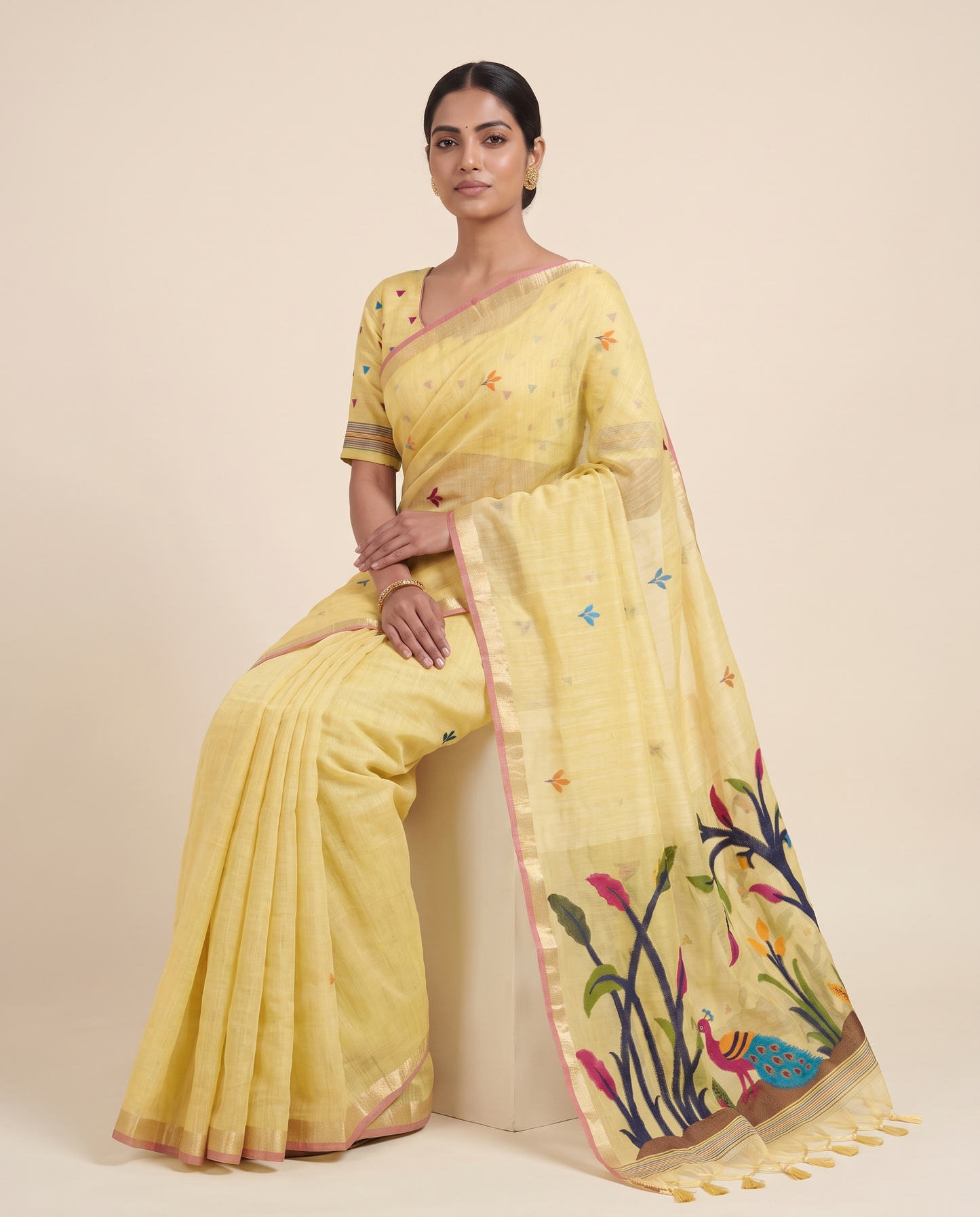 Moru Yellow Muga Cotton Jamdani Saree With Organza Pallu & Unstitched Blouse Piece