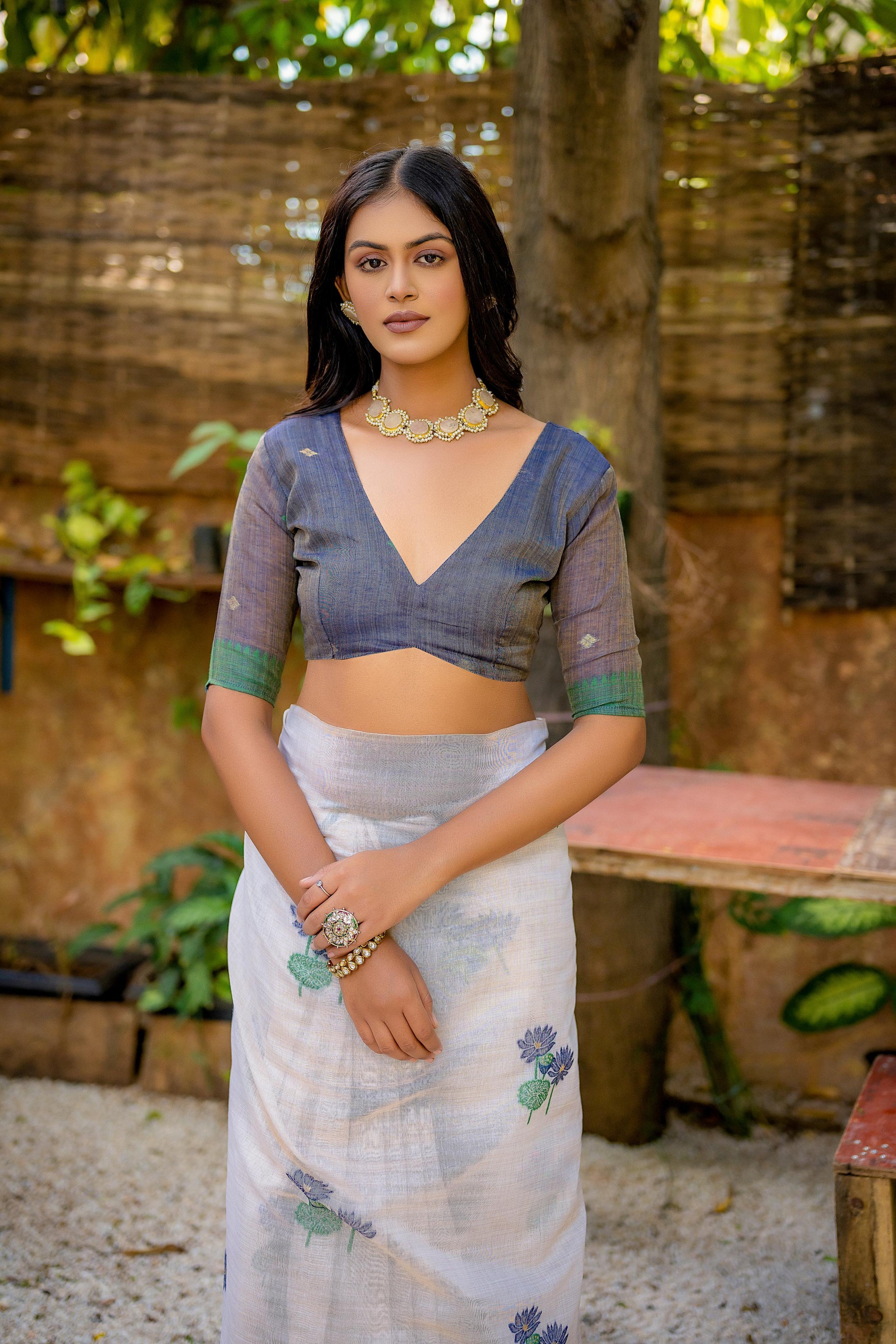 Ming Blue Muga Cotton Saree