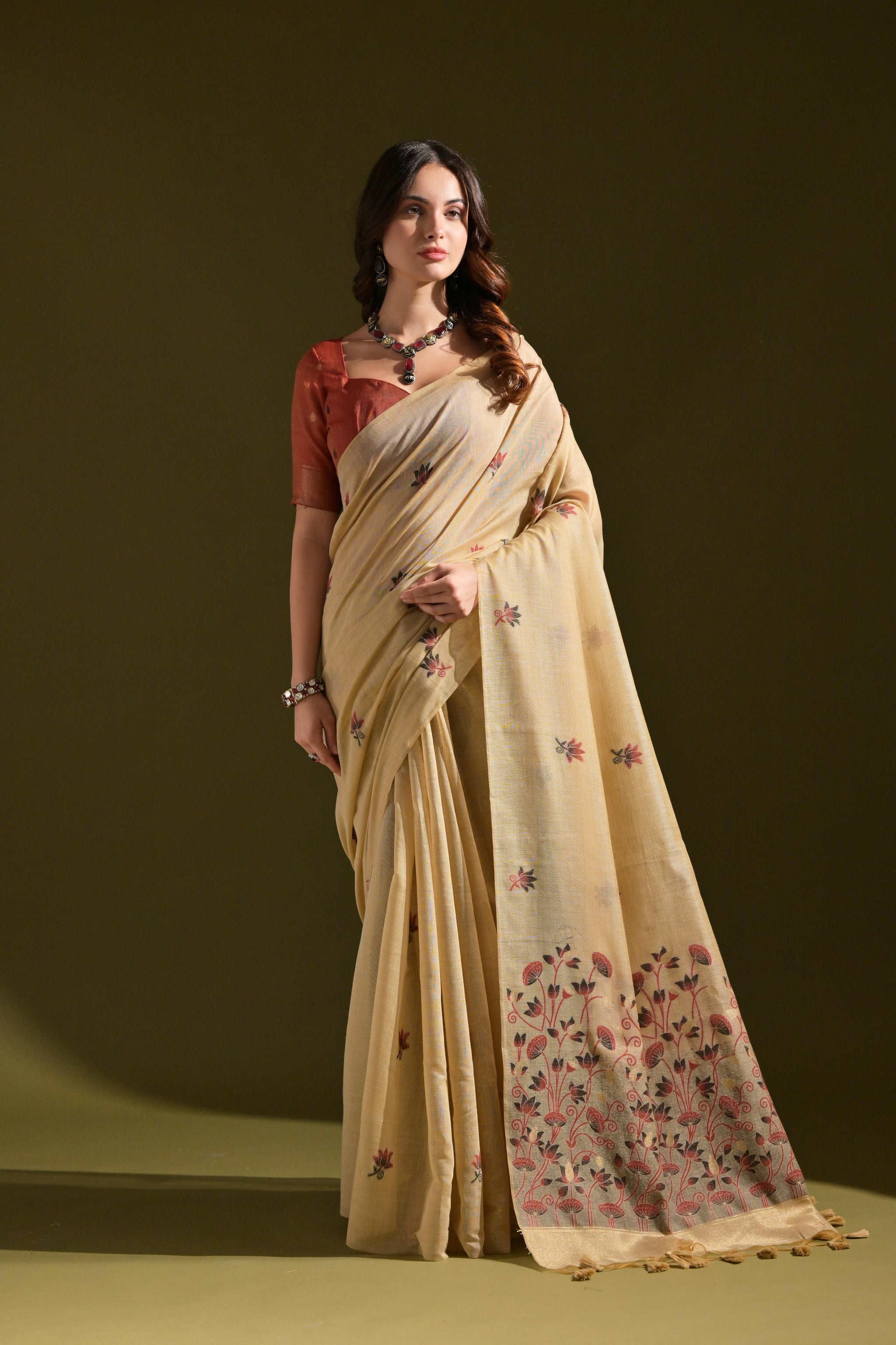 Florance Beige Muga Cotton Jamdani Saree