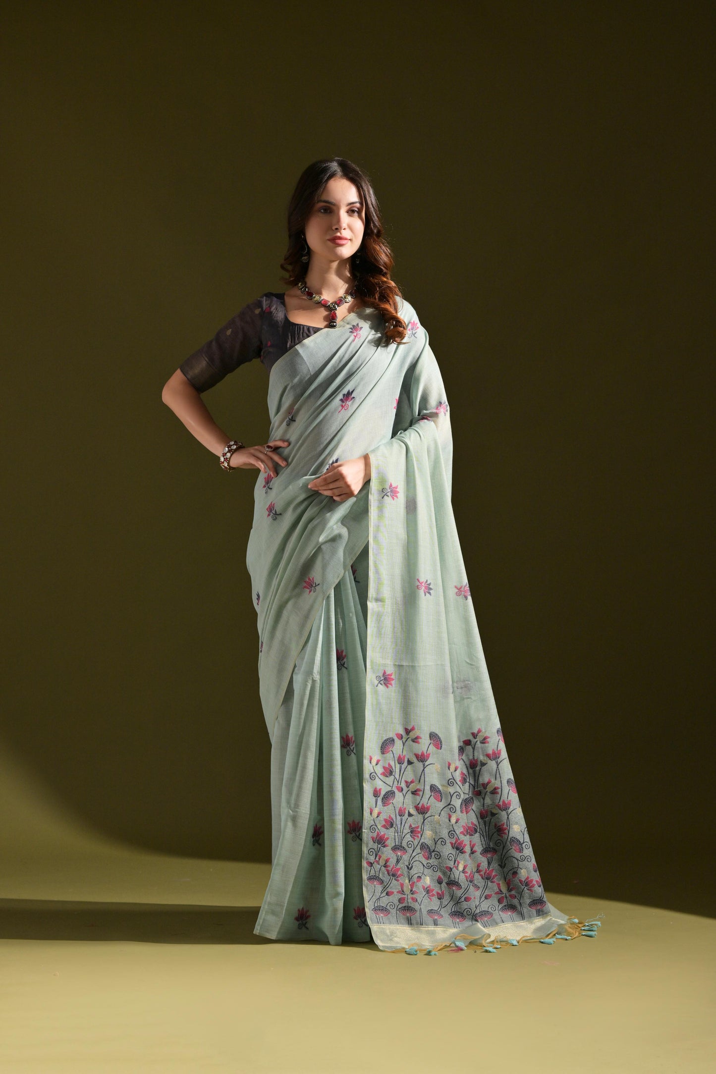 Florance Firozi Blue Muga Cotton Jamdani Saree