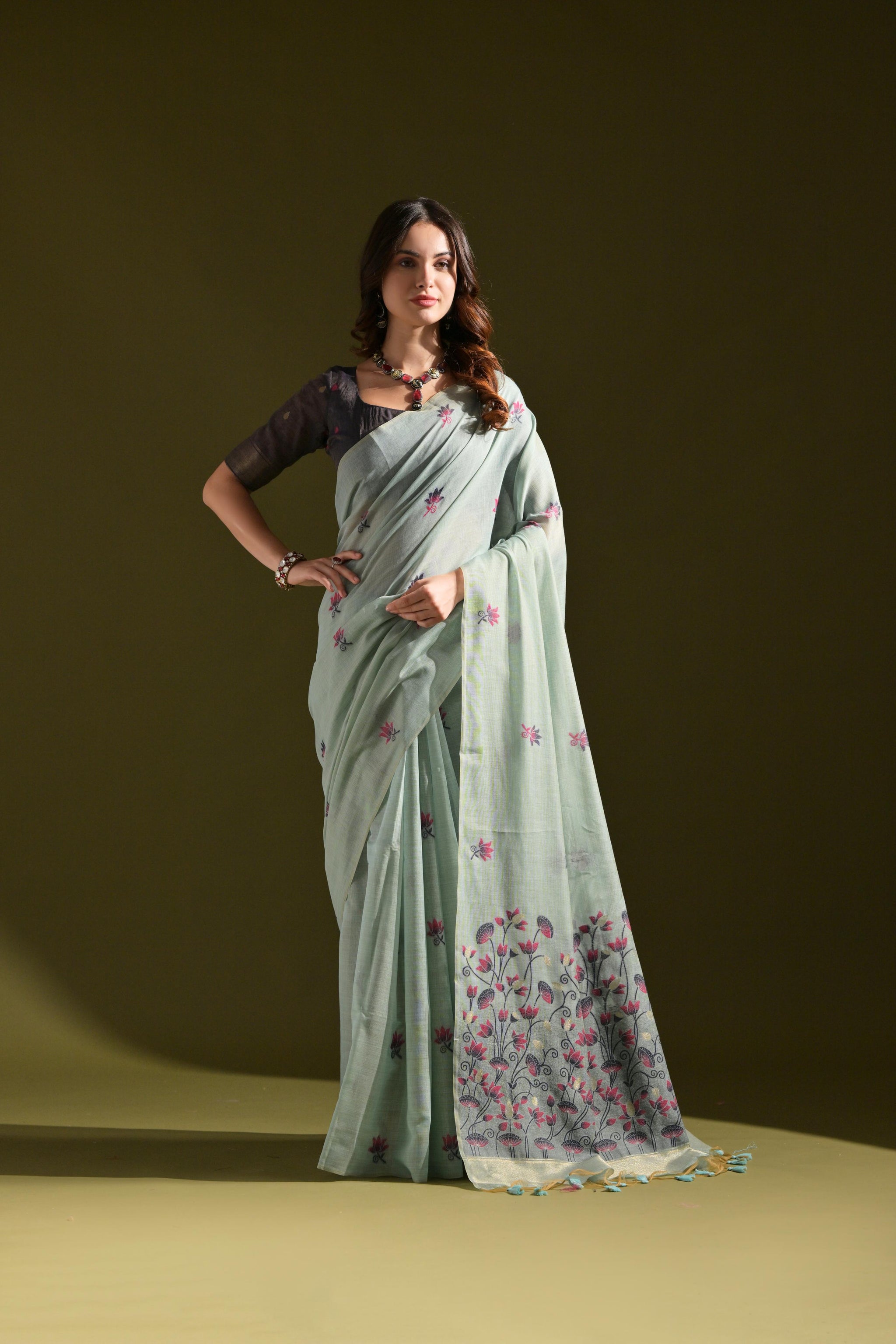 Florance Firozi Blue Muga Cotton Jamdani Saree
