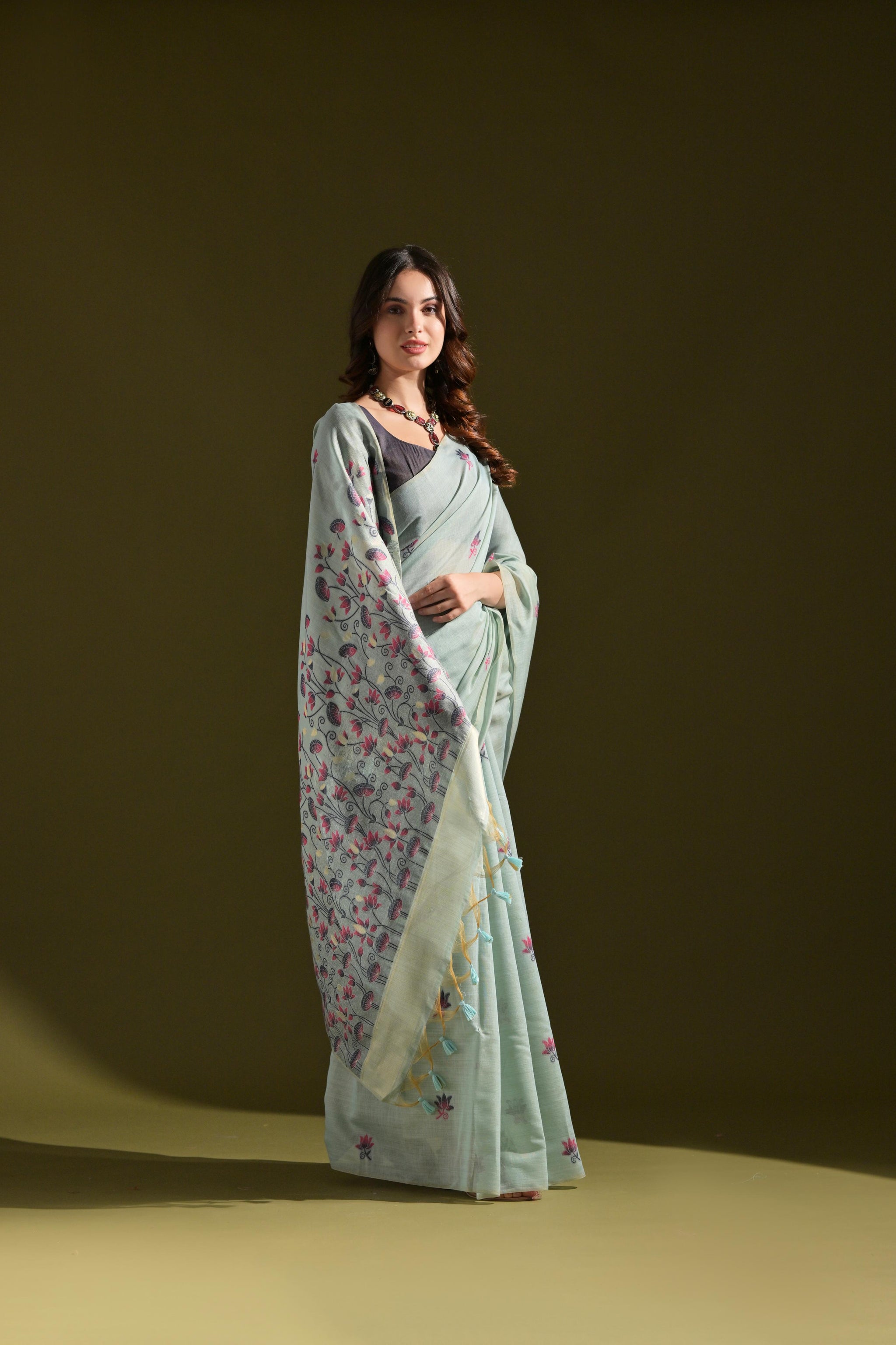 Florance Firozi Blue Muga Cotton Jamdani Saree