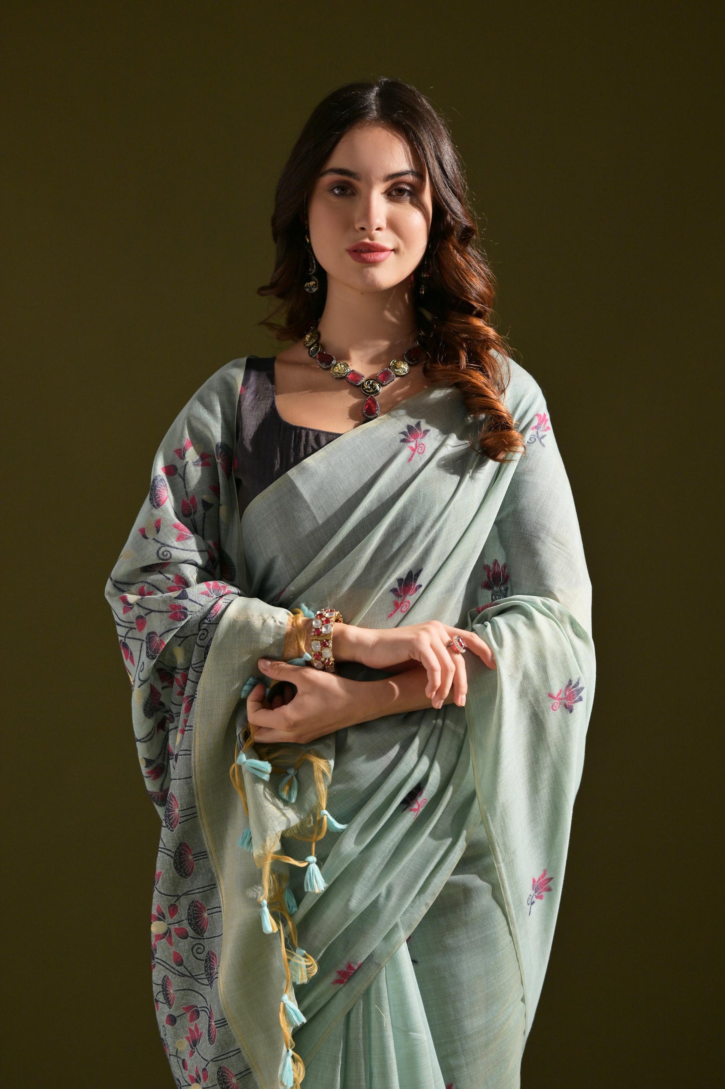 Florance Firozi Blue Muga Cotton Jamdani Saree