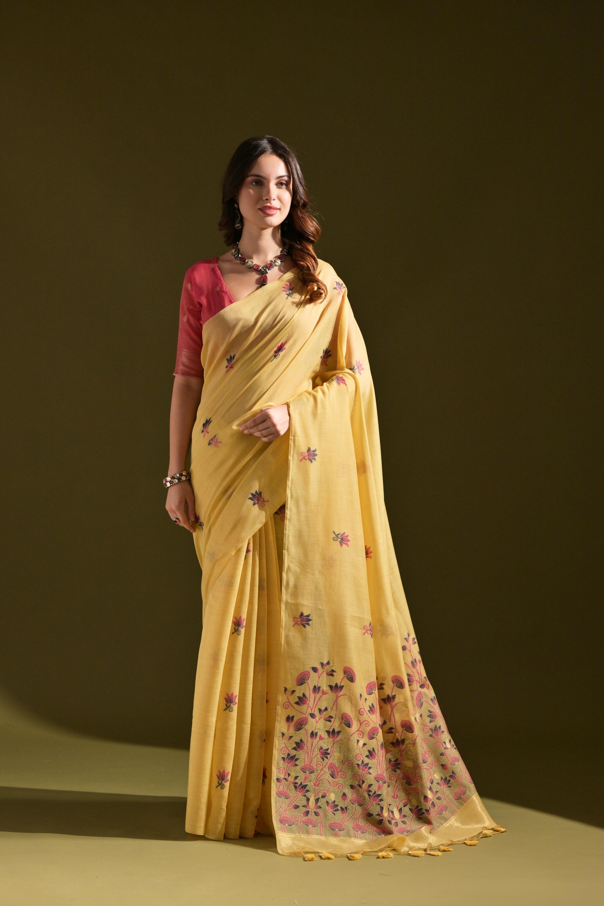Florance Yellow Muga Cotton Jamdani Saree