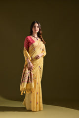 Florance Yellow Muga Cotton Jamdani Saree