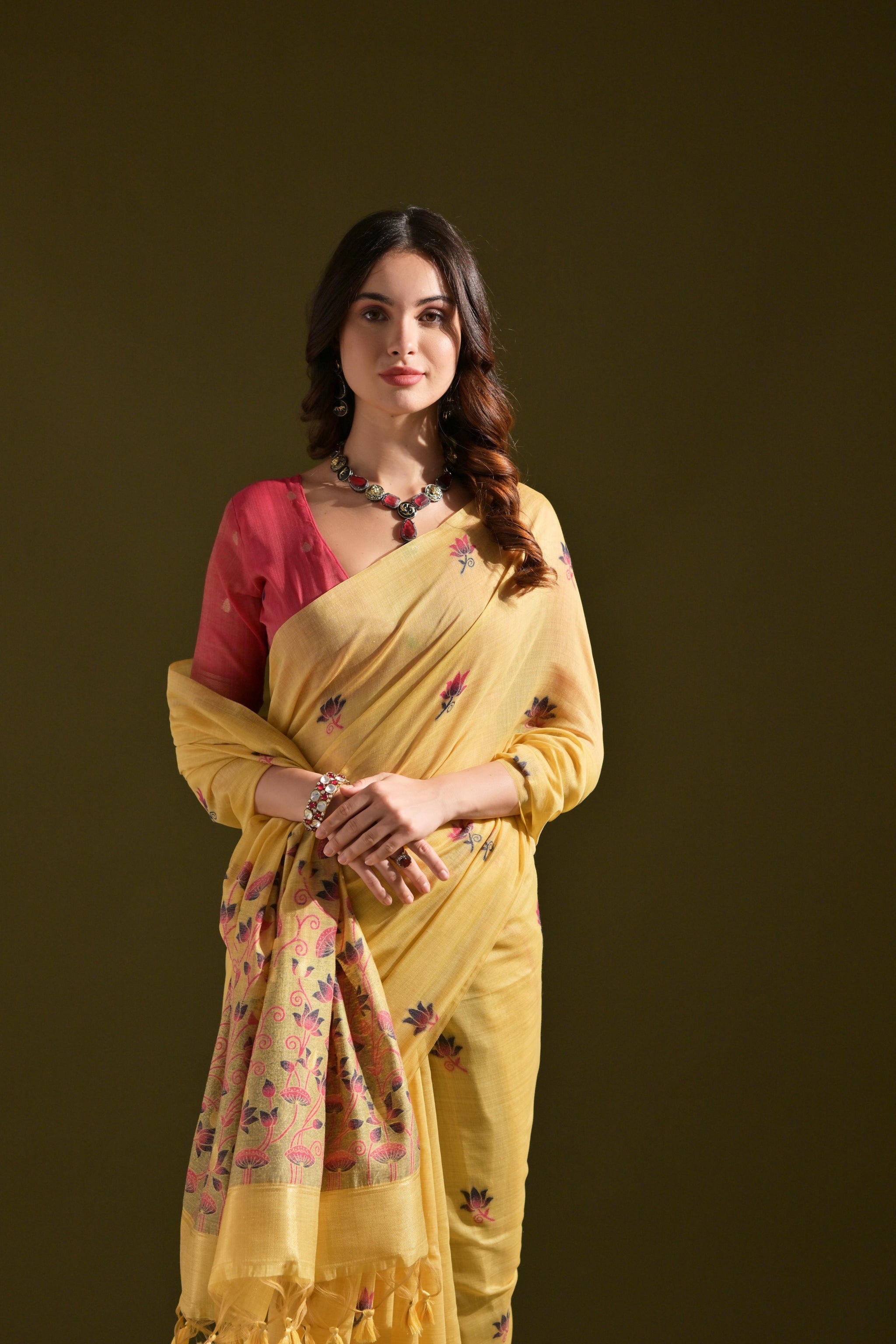 Florance Yellow Muga Cotton Jamdani Saree