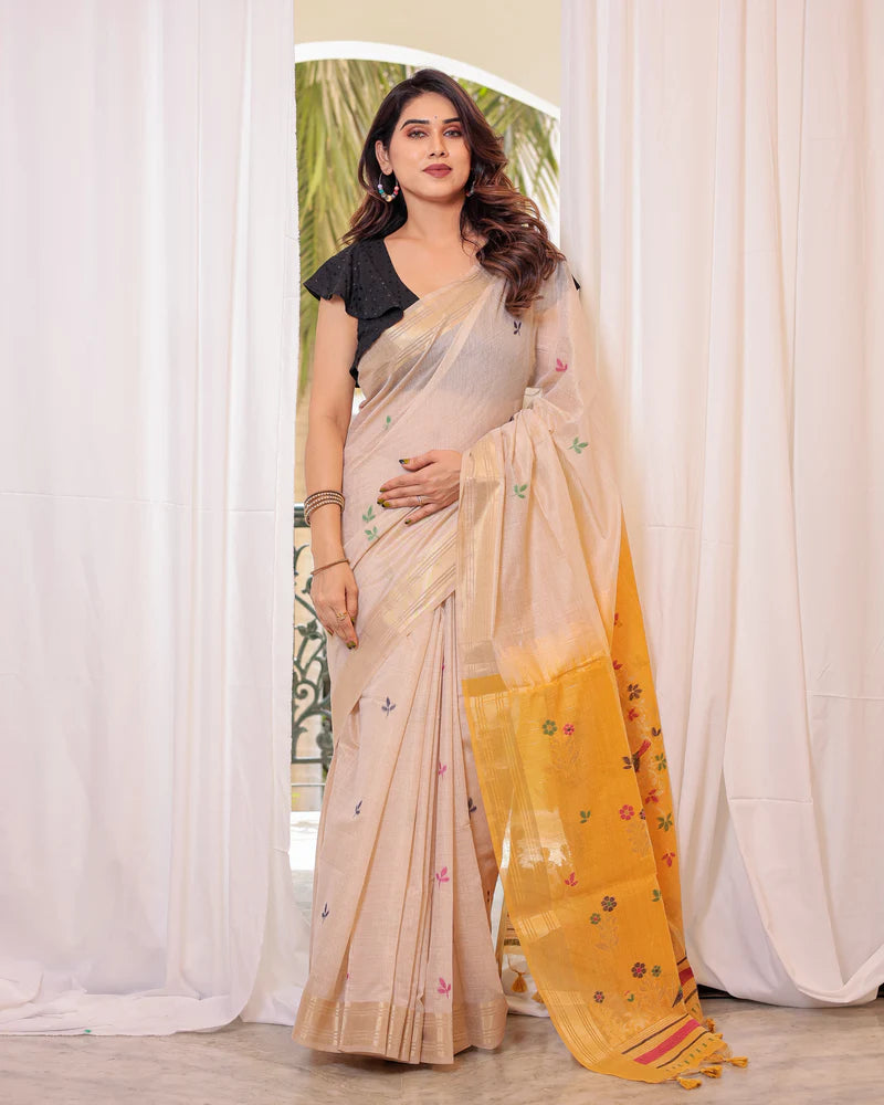 Mustard Yellow Muga Cotton Woven Saree