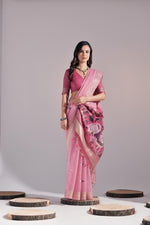 Load image into Gallery viewer, Jissa Pink Muga Cotton Pichwai Saree
