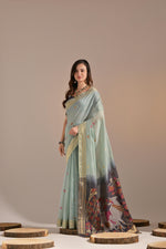 Load image into Gallery viewer, Jissa Firozi Blue Muga Cotton Pichwai Saree
